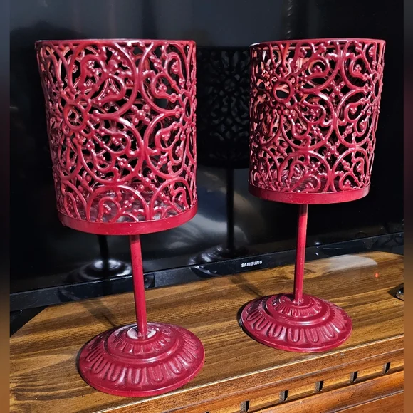 Set of Two Metal Ornate Pedestal Large Candle Holder Marroon Dark Red EUC - Picture 2 of 9